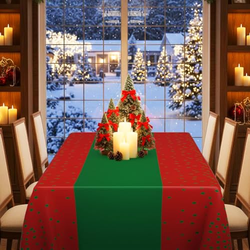 Image of Oudain 6 Pcs Red and Green Tablecloth for Parties Plastic Dot Tablecloths Printed Table Runner Waterproof Disposable Rectangle Table Cover for Christmas Birthday Wedding Party, 54 inch x 108 inch