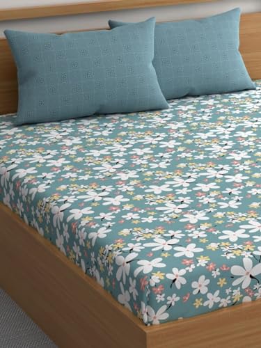 Image of LOOMLYFE 300 TC Microfiber Soft Cotton Bedsheet for Double Bed, Size 90x100 inches with 2 Large Size Pillow Covers Without Joint - SkyBlueFlowers