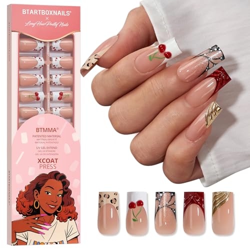 BTArtboxnails X LONGHAIRPRETTYNAILS Press On Nails - Autumn Muse, 5 Designs Mix Match Long Square French Tip Press On Nails, 150 Pcs Salon Quality Soak Off Soft Gel Nail Tips in 15 Sizes