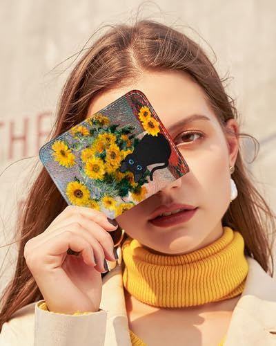 Image of Bistup Leather 12 Slot Accordion Card Holder Wallet, Cat Sunflower | Accordion Storage, Zipper Around Closure, Compact Patterned Wallet for IDs, Cards, Cash, Daily Carry and Gifts