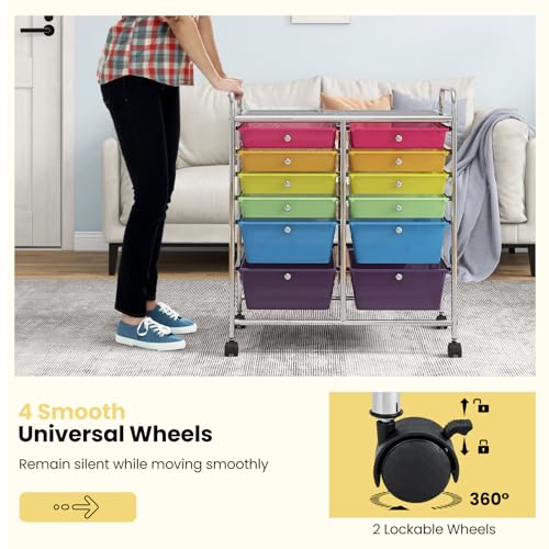 Image of LDAILY 12 Drawer Rolling Storage Cart, Craft Cart Organizer on Wheels w /Metal Frame, Large Capacity & Smooth Drawer, Rolling Cart w /Drawers for Classroom, Office