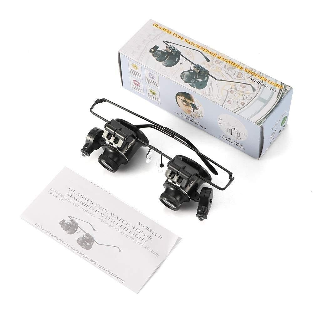 Lupa de lectura de 20 aumentos con lentes iluminados tipo LED, binoculares, lupa de reparación de relojes,