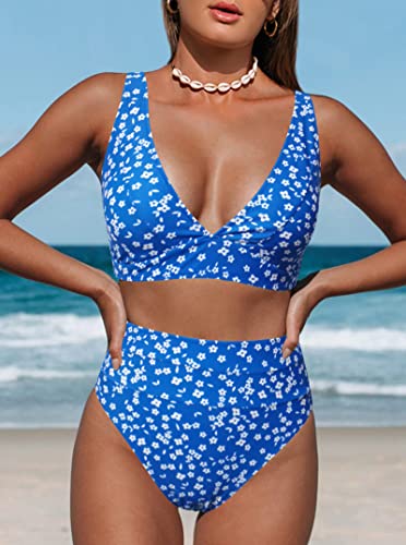 Hilinker Women's Leopard Bikini Swimsuits V Neck High Waisted 2 Piece Bathing Suits (as1, Alpha, l, Regular, Regular, Blue Floral)