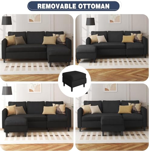 Shintenchi Modern Upholstered Sectional Sofa, L-Shaped Couch with Reversible Chaise for Living Room, Black Corduroy Fabric - Image 6
