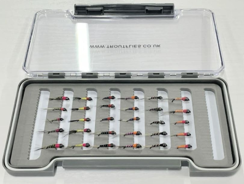 30 Barbless Tungsten Perdigon Nymph Flies Box Set, Grayling or trout flies, fast sinkers, mixed size