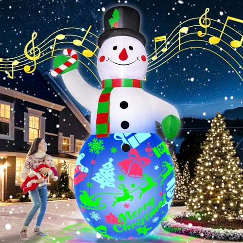 12FT Giant Christmas Inflatables Decorations Snowman Built-in Music & 360° Rotation 3-Color LED Lights, Huge Christmas Blow Up Yard Decoration Outdoor for Xmas Garden New Year