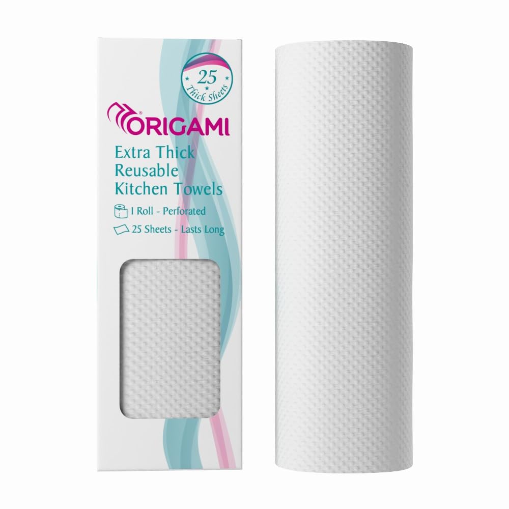 Origami Extra Thick Reusable & Washable Non-Woven Kitchen Towel | Lasts Up to 100 Uses | 25 Wipes Per Roll