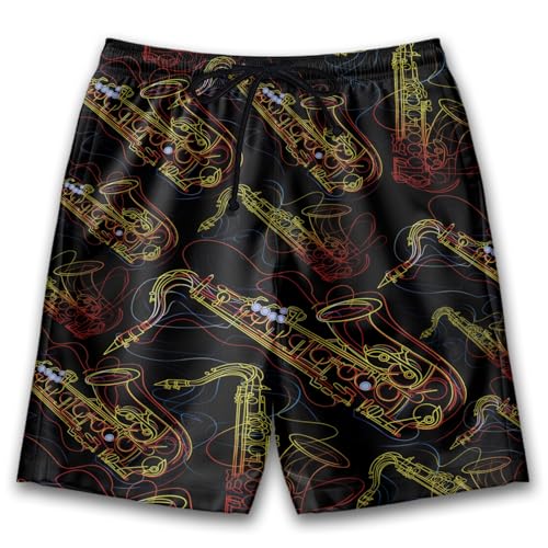 Saxophone Mens Swim Trunks - Saxaphone Hawaiian Mens Shorts Casual - Summer Drawstring Beachwear Shorts PA108