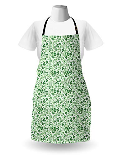 Lunarable Shamrock Apron, Lucky Celtic Clovers Swirls Monochrome Irish Design St Patrick's Day, Unisex Kitchen Bib With Adjustable Neck For Cooking Gardening, Adult Size, Green Emerald #TOP1