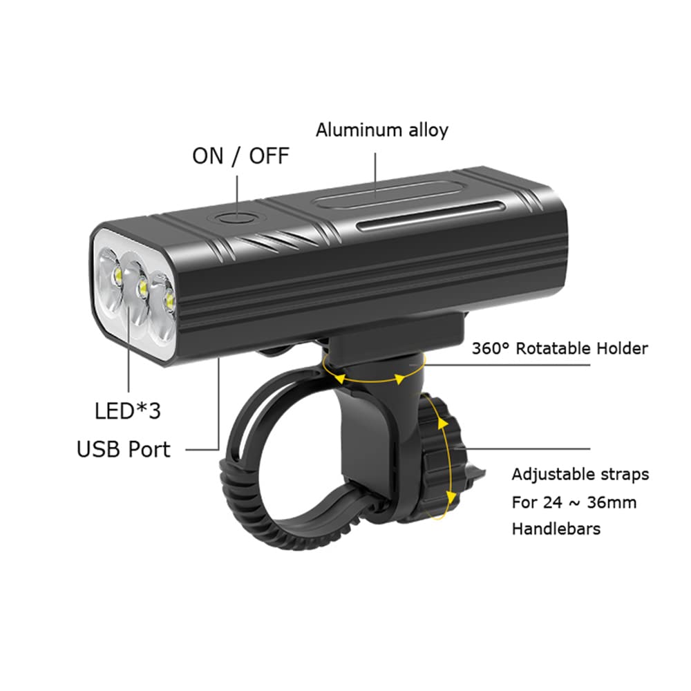 Kit d'éclairage vélo à 3 LED, Phare Avant, Lampe Torche étanche Rechargeable USB, Faisant également Office de Batterie Externe.