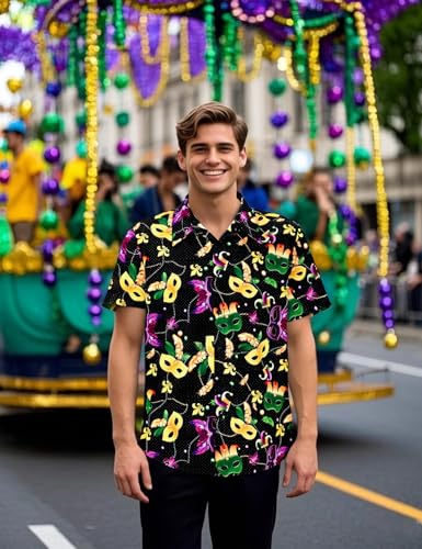 LINOCOUTON Men's Mardi Gras Button Down Short Sleeve Shirts4
