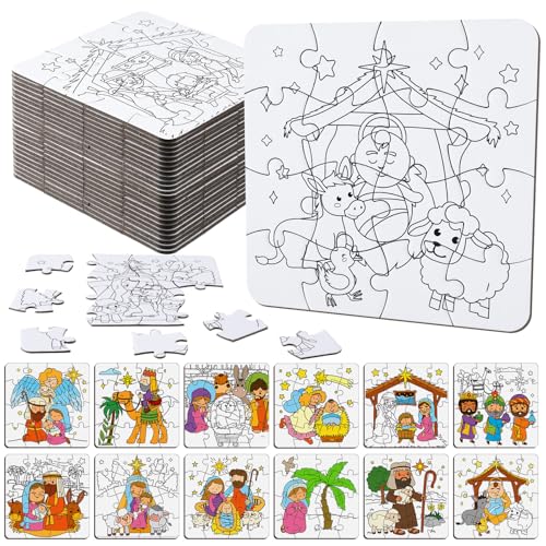 Realspring 24 Pack Color Your Own Jigsaw Puzzles for Kids Coloring Puzzles DIY Paper Jigsaw Bulk Party Favors Gifts Exchange Classroom Activities Home Educational Game Toy(Nativity)