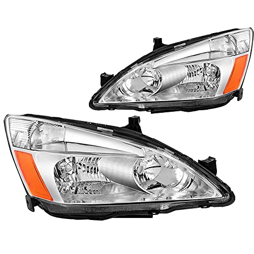 SOCKIR Headlight Assembly Pair Compatible with 2003-2007 Honda Accord (Chrome Housing & Amber Reflector)