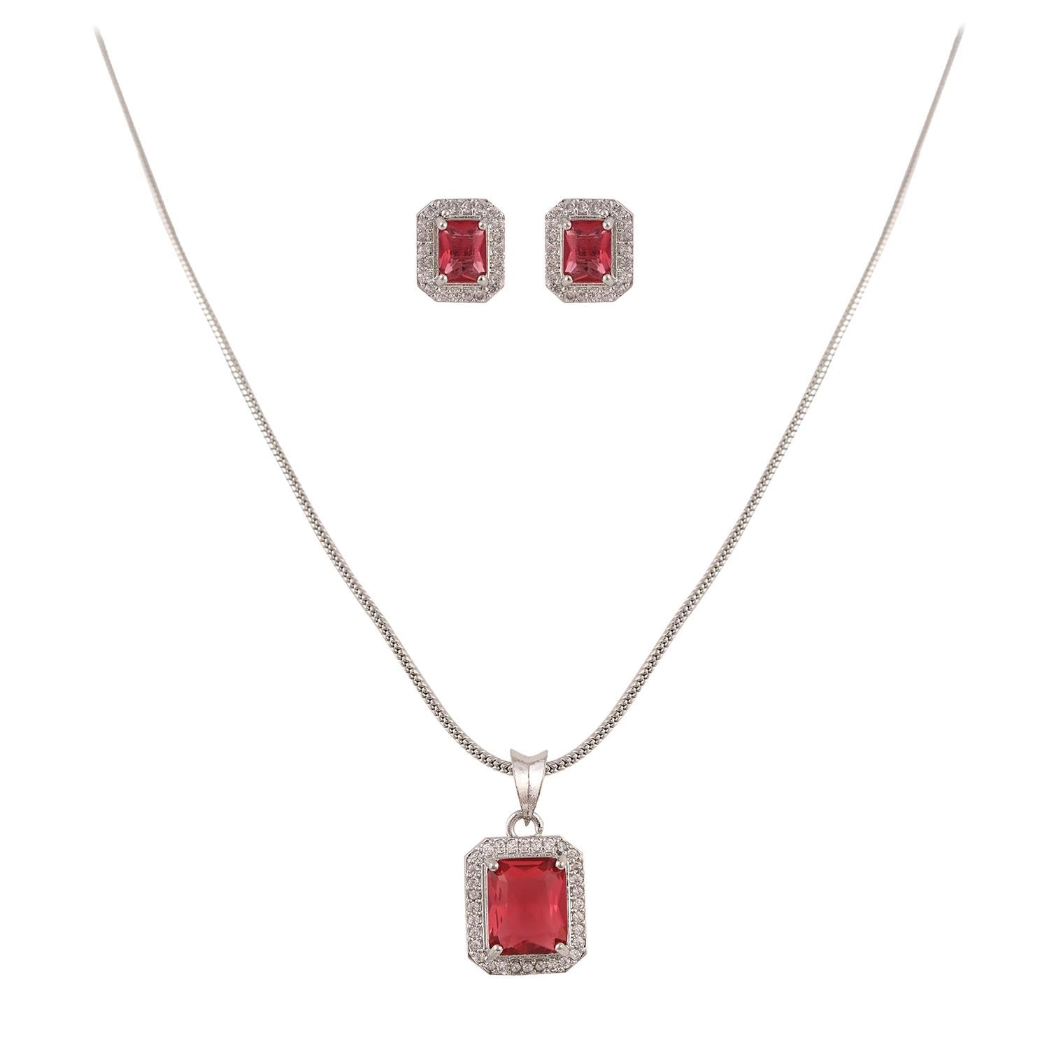 Ratnavali Jewels American Diamond Silver Plated Chain with Red Square Stone Pendant with Earrings for Women/Girls (B0DB624MF1) Amazon Price History, Amazon Price Tracker