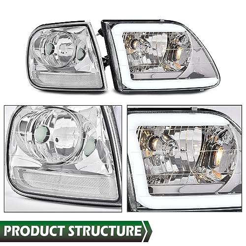 Image of GRAND ORANGE Headlights Assembly & Corner Parking Lights Kit Compatible with 1997-2004 Ford F150 /1997-2002 Ford Expedition / 1997-1999 F250 Clear Lens Chrome Housing Clear Reflector