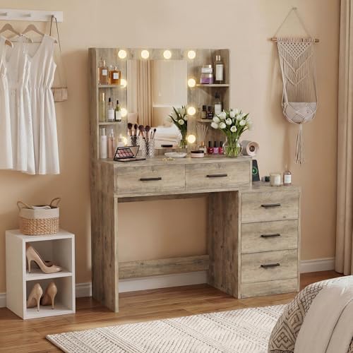 Image of Furmax Makeup Vanity Desk with Mirror and Power Outlet, Vanity with 3 Color Light Options Adjustable Brightness, Vanity Table with 5 Drawers, 6 Storage Shelves, Nightstands (Rustic Oak)