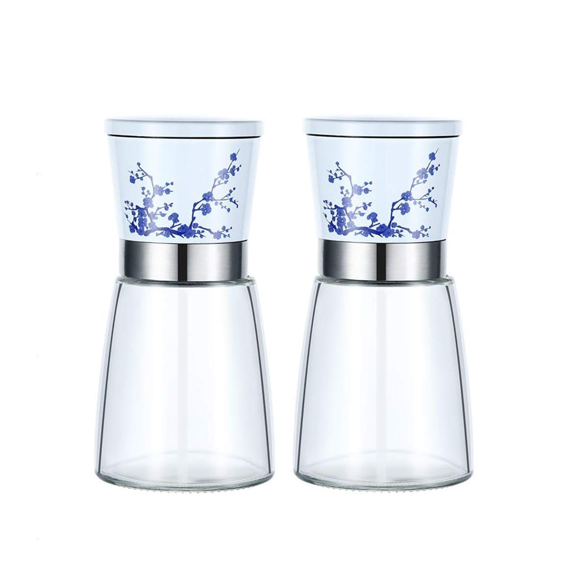 RWRAPS Set macina Sale e Pepe, Confezione da 2 Set macina Sale e Pepe in Porcellana Blu e Bianca e contenitori per Sale e Pepe in Vetro con grossolanità in Ceramica Regolabile per Cucinare