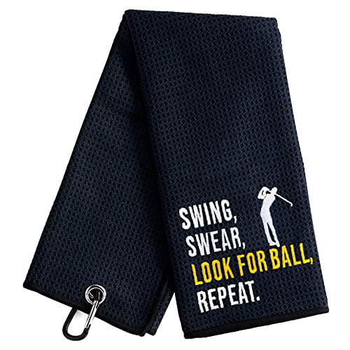 ZAKSEM Swing Swear Look for Ball Repeat Black Golf Towel, Embroidered Golf Towels for Golf Bags with Clip, Golf Towel for Women, Men, Golfer, Golf Lover, Colleague Christmas Birthday Gifts