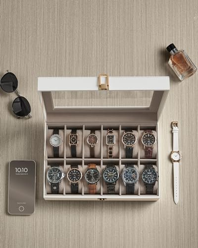 Image of SONGMICS Watch Box With 12 Slots, Glass Lid, Removable Pillows, Metal Clasp, Gift Idea - Cloud White Synthetic Leather, Cappuccino Beige Lining JWB120W01