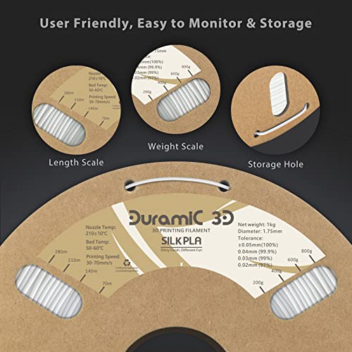 Image of DURAMIC 3D Silk PLA Filament Pure Shinny High Gloss Finish 1.75mm | 3D Printing Filament with Cardboard Spool,No-Tangling Neatly Wound Dimensional Accuracy 99% + /- 0.03mm 1KG Silk White