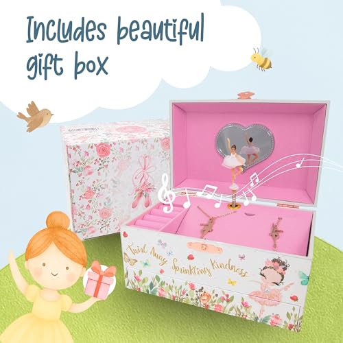 The Memory Building Co Ballerina Musical Jewelry Box Plays Classic Melody, Storage Organizer Music Box for Kids Ages 6-12, MDF Wood w/ 2 Fabric Lined Ring Bracelet Necklace Treasure Compartments by The Memory Building Company - Image 7
