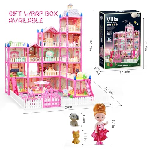 بيت دمى من دي ام جي، ألعاب بيت دمى دريم للفتيات مكون من 5 طوابق و15 غرفة، مع أضواء لتجميع المطبخ وغرفة النوم والأثاث والحديقة وبيت الأحلام للعب للبنات (بينك)