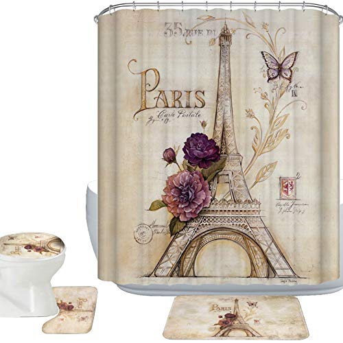 Amagical 16 Piece Vintage Paris Brown Eiffel Tower Shower Curtain Set Bathroom Mat Set Purple Flower Butterfly Bath Mat Contour Mat Toilet Cover And Shower Curtain With 12 Hooks #TOP4