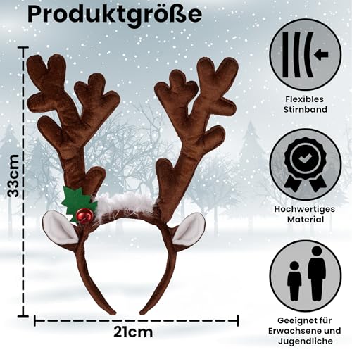 Balinco Rentier Haarreif mit Geweih und Ohren für Erwachsene und Kinder – Braune Elchgeweihe Weihnachts Haar-Accessoire für Party, Karneval, Cosplay oder festliche Foto-Requisiten – Einheitsgröße