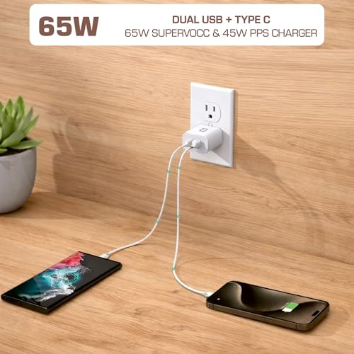 Image of Original 65W Fast Charger Adapter with USB C Cable | Dual Port USB A + Type C PD 3.0 Supports SuperVOOC Fast Charging | Compatible with iPhones, Poco, Samsung & More Androids | White