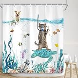 Shocur Cat Riding Sea Turtle Shower Curtain, Funny Tropical Ocean Animal Fish and Dog, 72 x 72 Inches Polyester Fabric Kids Bathroom Decor Set with 12 Hooks