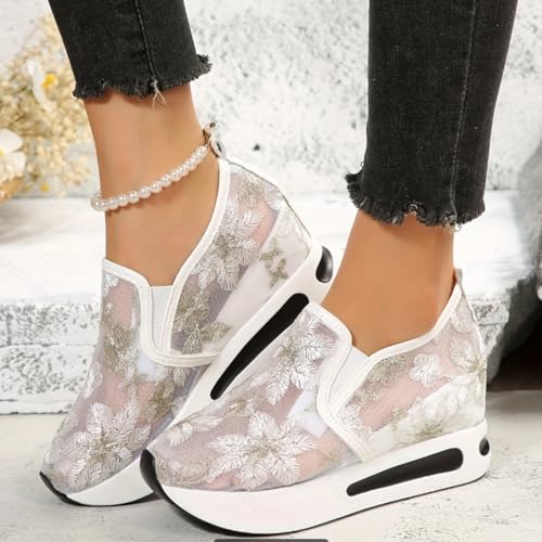 Women's Breathable Mesh Floral Sneakers – Embroidered Slip On Chunky Platform Shoes with Hidden Wedge Heel4