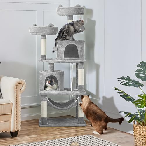 Yaheetech Arbre à Chat 158 cm, Tour de Jeux pour Chat, avec 5 Poteaux à Griffer/2 Niches/2 Plate-Formes/1 Hamac Gris Clair – vue 2