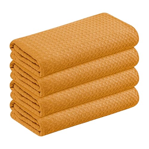 Image of Mustard Yellow Waffle Kitchen Dish Towels 100% Cotton, Soft, Absorbent, Quick Drying, Multipurpose Use, Bar & Hand Towels, 16x26 Inches, Durable, Machine Washable, Reusable, Set of 4