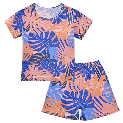ALAZA Blue Palm Leaf Pajamas Short Sleeve 2 Piece Sleepwear Top and Bottom Pajama Set Unisex