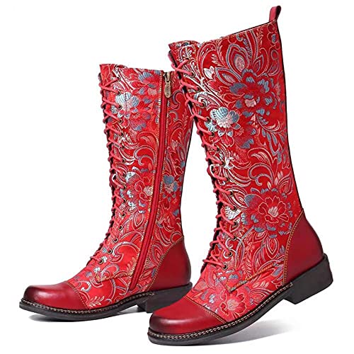 Hbeylia Knee High Combat Boots For Women Vintage Ethnic Flower Design Leather Lace Up Round Toe Chunky Low Heels Mid Calf Riding Boots Boho Winter Fall Dress Knee Length Tall Boots Party Decor3