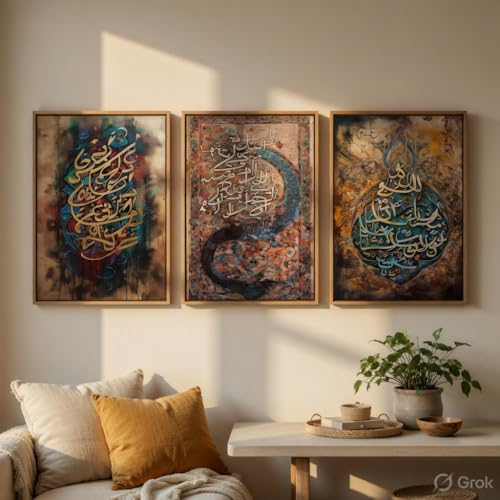 Image of Livin'luxe Islamic Calligraphy Wall Painting Set of 3 with Wooden Frames | Arabic Quranic Calligraphy Islamic Wall Art | HD Sparkle Printed MDF Wall Decor for Living Room, Bedroom & Prayer Room