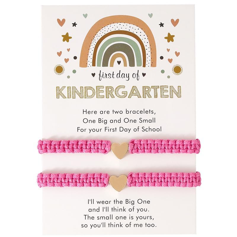 Image of First Day of School Bracelets Matching Heart Bracelets for Mom and Daughter Back to School Bracelets for 2 Braided Adjustable Charm Bracelets Jewellery Present