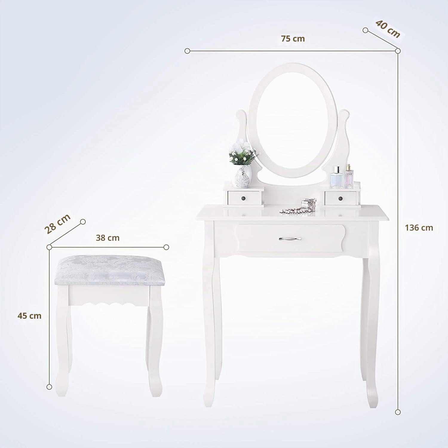 Mesa de tocador de maquillaje con espejo, juego de tocador blanco con taburete acolchado suave, 3 cajones de almacenamiento, tocador de dormitorio, mesa de maquillaje con taburete acolchado