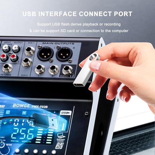 Image of BOMGE Powered Mixer 8 Channel -2x400W Amplifier r w /USB Drive for PC Recording - XLR Mic Input - 48V Power - 7-Band EQ - RCA I /O -256 DSP Processor for Professional & Beginners