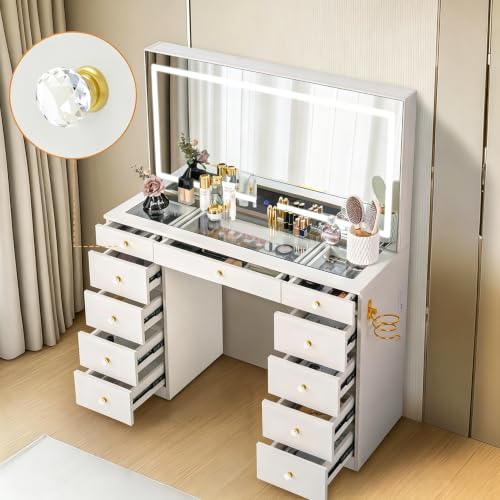 Pamapic Glass Top Vanity Desk with Crystal Handles 11 Drawers Makeup Vanity with Mirror and Stool 3 Lighting Modes Dressing Table Power Outlet Silent Slides White