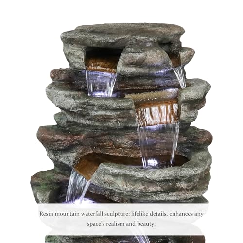 Image of SunJet 48 inch High 7-Tiers Cascading Rock Outdoor Water Fountain with LED Lights - Large Outdoor Fountains and Waterfalls for Garden or Patio, Yard, and Deck Decor, Featuring Natural Stone Look