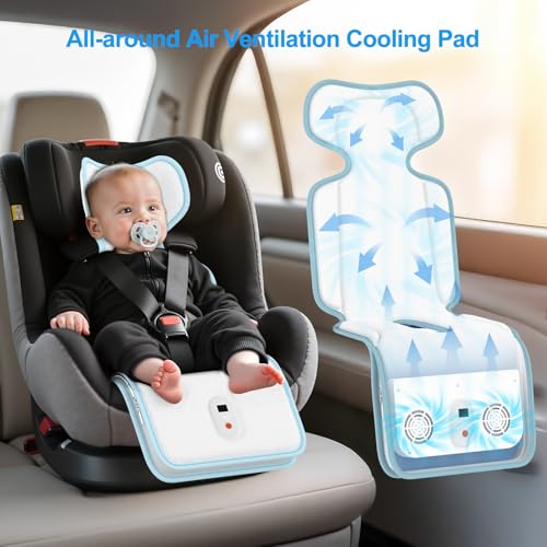 Image of Baby Stroller Cooling Pad, Up to 10H Cooling, 10000 mAh Rechargeable Car Seat Liner with 2 Built-in Blower, 3 Speed, Baby Summer Essentials, Cooling Cushion for Toddler Outdoors, Blue