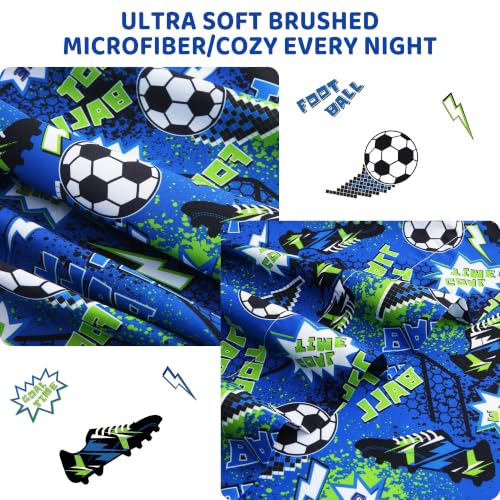 Image of Viviland 3 Pieces Boys Soccer Twin Sheet Set - Soft Microfiber Fitted Flat Sheets & Pillowcase Bed Sheet Set - Navy Football Print Bedding Sets for Kids