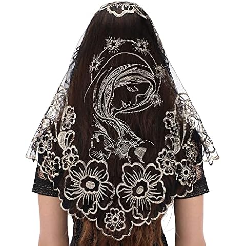 Bozidol Lace Triangle Church Veil - Madonna Camellia Embroidered Head Covering Chapel Veil for women Cover