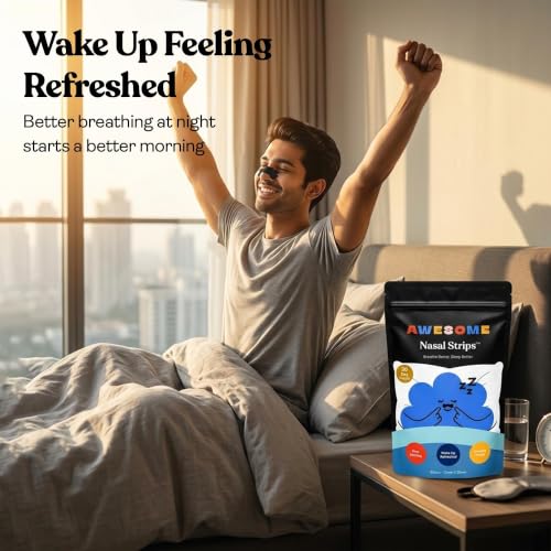 Image of AWESOME Nasal Strips for Breathing & Snoring Relief, 60 Strips - Strong Hold Nose Strips for Better Airflow, Sports Performance & Sleep - Skin-Safe, Sweat-Resistant, CDSCO Approved