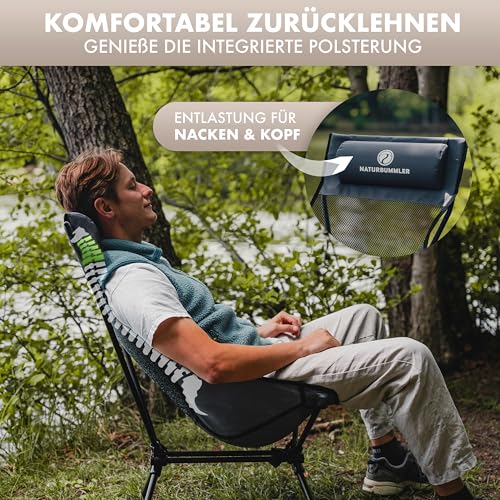 NATURBUMMLER Campingstuhl faltbar [Cloud Sit Light] – Ultraleicht (2,65 kg) & atmungsaktiv – inkl. Tragetasche – kompakter Klappstuhl 120 kg belastbar für Garten Angeln Outdoor (Grau)
