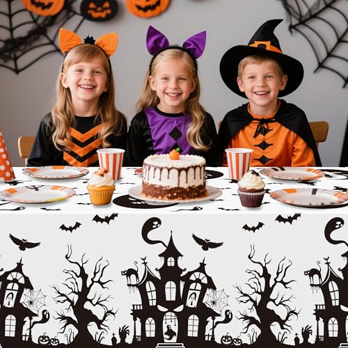 BkeeCten Halloween Haunted House Tablecover - 3 Pack 86 * 51inch Disposable Waterproof Rectangle Plastic Covers, Creepy Gothic Print for Halloween Parties, Kids’ Birthdays, Picnics & Camping Decor