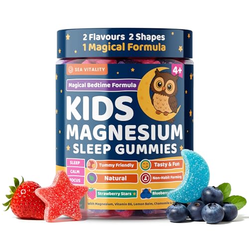 Kids Magnesium Glycinate Sleep Gummies Calm Focus & Relaxation Support with Magnesium B6 L-Theanine & Chamomile Stawberry Stars & Blueberry Moons 90 Vegan Gummies Star & Moon Shape Age 4+