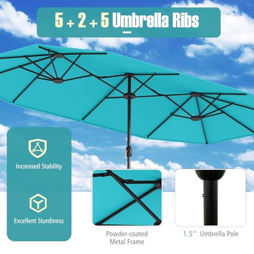 Image of Tangkula 13FT Double-sided Patio Umbrella, Extra Large Twin Table Umbrella with Crank Handle, Umbrella Base, Safety Lock, Air Vent, Outdoor Market Umbrella for Garden Pool Backyard (Turquoise)