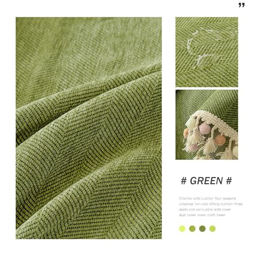 Funda de sofá chenilla con flecos antideslizante verde 180x380 cm para sofás seccionales 3
